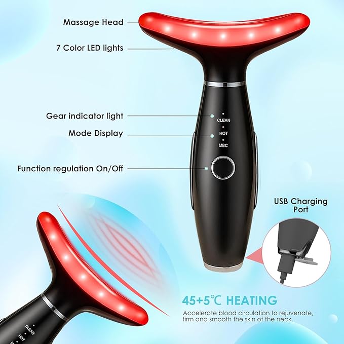 Face Massager -7 Color Red-Light-Therapy for Face and Neck for Wrinkles, Double Chin, Vibrating Facial Massager with Thermals (Black)