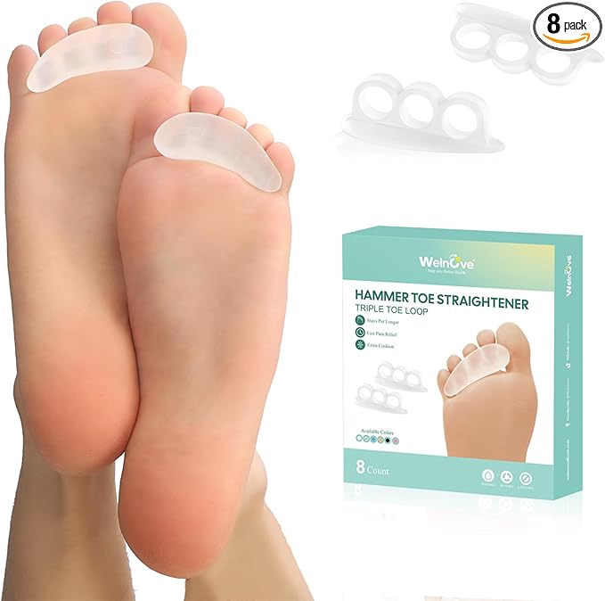 Welnove Hammer Toe Straightener Toe Corrector for Women - 8 Pcs Hammer Toe Cushion Pads for Bent, Crooked, Curled, Claw, and Hammer Toes - Soft Support and Realignment(Clear, 3 Loop Design)