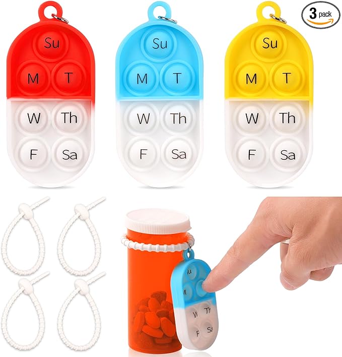 3 Pack Pill Reminder Medication Pill Tracker Bottle with Ties Reusable Daily Medication Tracker Portable with Button 7 Day Memory Aid Medication Dose Silicon for The Elderly Red Yellow Blue(3)