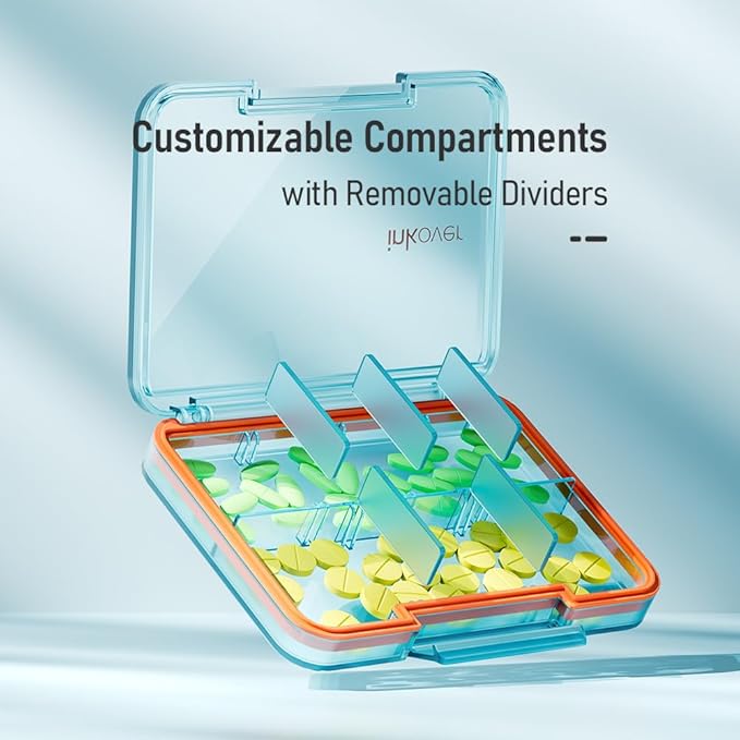 Small Pill Organizer, Waterproof & Portable Pill Case for Daily Travel - Adjustable 4 Compartments Compact Medicine Holder for Vitamins, Pills, Perfect for Purse or Pocket (Blue)