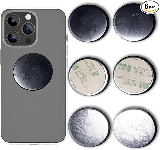 Shungite Stickers for Cell Phone Protection - Harmonizing Shield Defense - Wearable Type II Shungite Crystal - Round Large - Qty: 6 pcs Pack