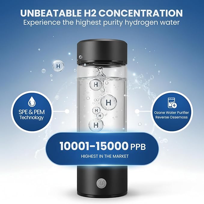 Hydrogen Water Bottle, Portable & Rechargeable – Molecular Hydrogen Water Generator, Alkaline Ionizer, Hydrogenated Water Purifier for Health & Fitness with Hydrogen-Rich Water Black