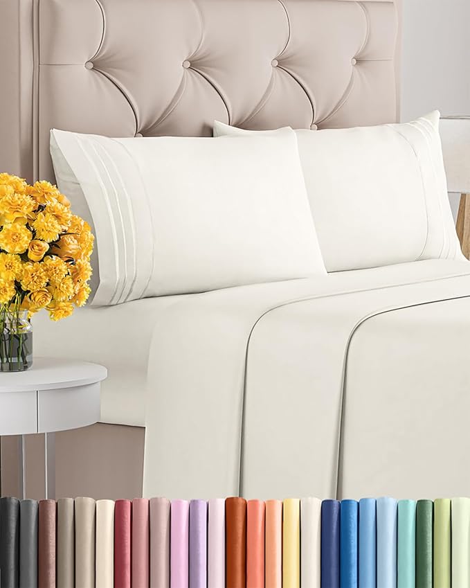 Cal King Size 4 Piece Sheet Set - Extra Soft, Breathable & Cooling Sheets - Hotel Luxury Durable Bed Sheets for Women & Men - Deep Pockets, Easy-Fit & Wrinkle-Free Sheets - Ivory Oeko-Tex Bed Sheets