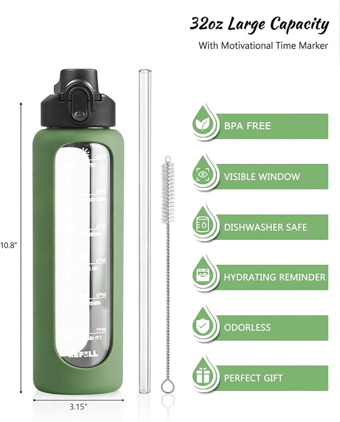 Nefeeko 32 oz Glass Water Bottles with Straw, Time Marker, Motivational 1 Liter BPA FREE Leakproof Reusable Glass Water Bottle with Silicone Sleeve, Bamboo, Spout Lid