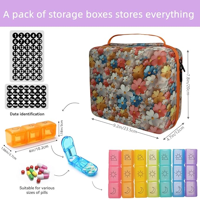 Monthly Pill Organizer, 31-Day Medicine Box with Hard Shell Case, 3 Times Daily Dosage Schedule, Plastic Rectangular Design, Includes Pill Cutter and Monthly Weekly Stickers (Flowers)