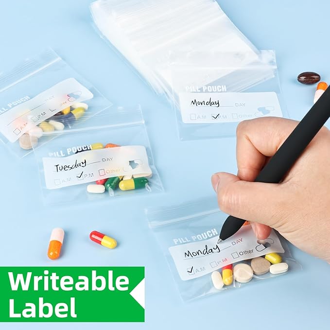 Pill Pouch Bags for Travel (120 Pack), 6 Mil BPA Free Reusable Pill Bags 3 x 2.75 inch for Medicine with Write on Label Clear Ziplock Seal Waterproof AM PM Pill Baggies for Medicine Organizer