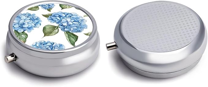 Blue Hydrangea Pattern Pill Box 3 Compartment Small Pill Case with Mirror for Purse & Pocket Travel Medicine Organizer Daily Medication Container Portable Pillbox Metal Medicine Box Round Meds Case