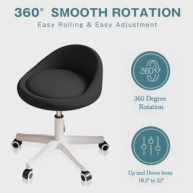 Rolling Stool Chair with Backrest, Round PU Leather Adjustable Height Hydraulic Swivel Rolling Stool for Spa Salon Tattoo Massage Doctor Dental Medical Office Black Set of 2