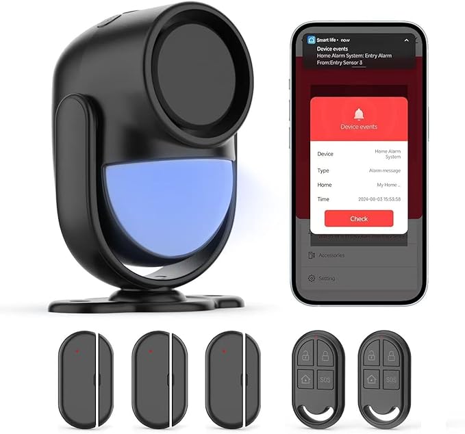 Home Alarm System，2.4G WiFi PIR Motion Sensor Alarm, Wireless DIY Smart Door/Window Alarm for Home Security with Phone APP Alert 4-Piece Kit（2Door Window Sensor），for House Apartment Office,Black