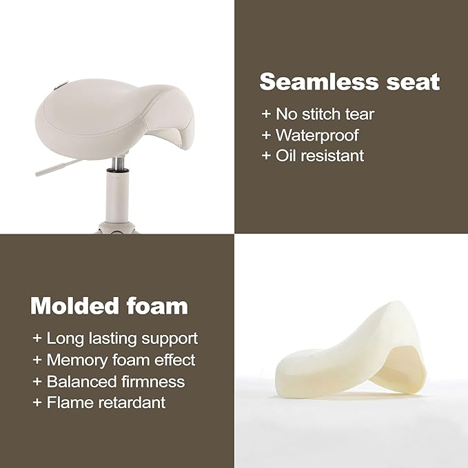Adjustable Height Hydraulic Rolling Swivel Stool Chair with Metal Base and Faux Leather Cushion for Salon, Medical, Office and Home, 503 Kai Series, Saddle Seat, Vanilla