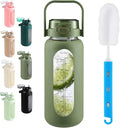 Glass Water Bottle with Straw and Handle Lid Half Gallon Motivational Glass Bottle with Silicone Sleeve and Time Marker Large Reusable Sports Water Jug for Gym Home Workout
