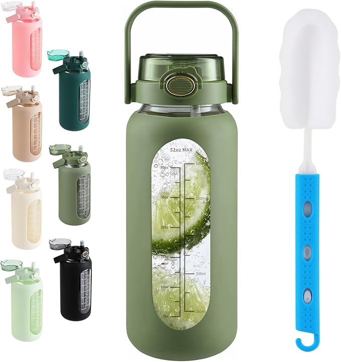 Glass Water Bottle with Straw and Handle Lid Half Gallon Motivational Glass Bottle with Silicone Sleeve and Time Marker Large Reusable Sports Water Jug for Gym Home Workout