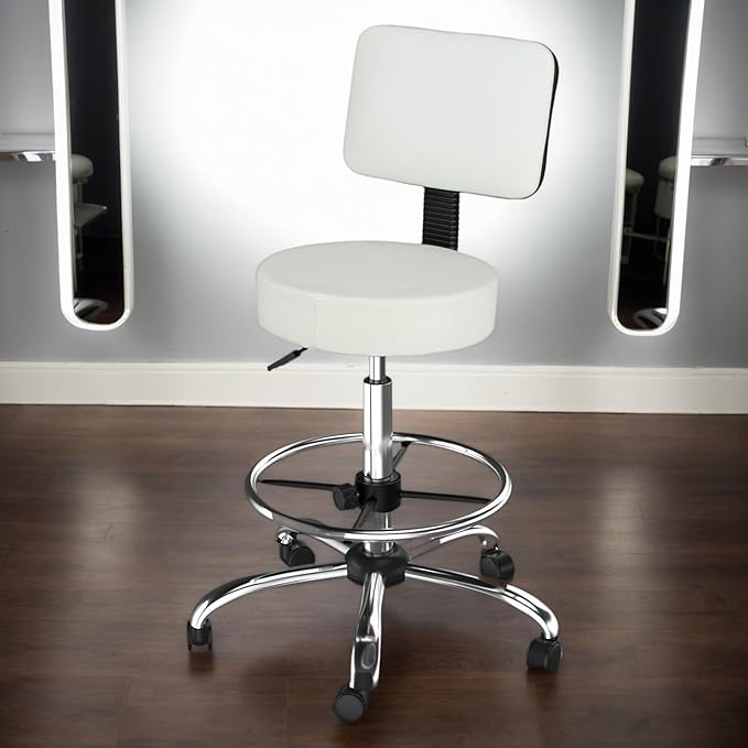 OmySalon Drafting Chair,Ergonomic Office Desk Chair with Back Support,Tall Adjustable Rolling Stool with Footrest & Thick Seat Cushion,Computer Chair for Salon Medical Spa Home Bar Kitchen, White