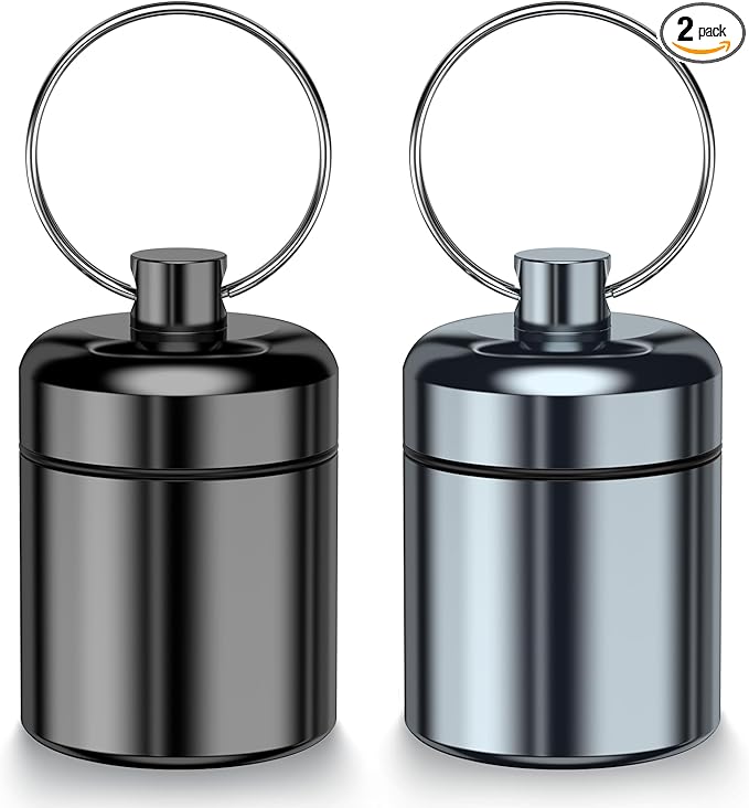 2 Pack Mini Pills Case Small Pill Holder Keychain for Purse - Portable Travel Pill Container Keychain, Waterproof Metal Daily Medicine Organizer Box for Office Outdoor Camping (Black & Grey)
