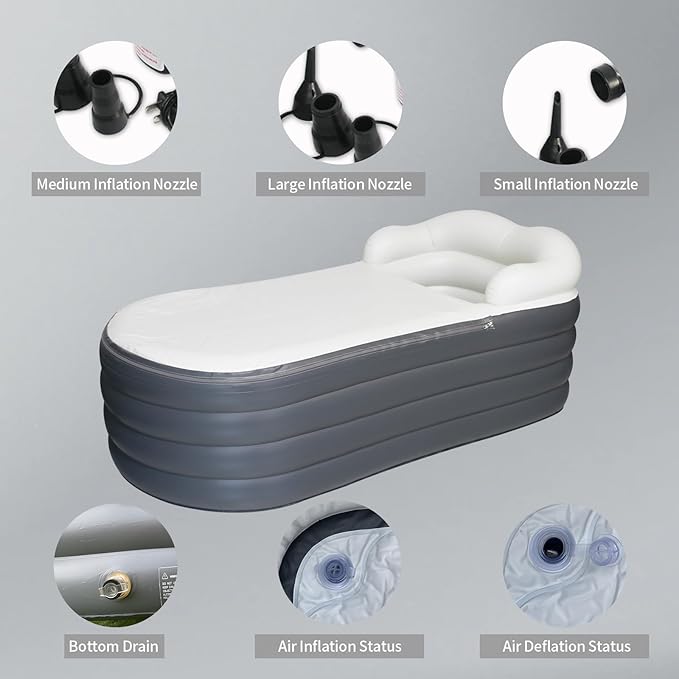 B&Y Portable Adult Soaking Bathtub, Ice Bath Tub Family Home Spa Tub with Zipper Cover, Designed with Headrest, Cup Holder (Air Pump Included) (Rectangular-168x76x68cm (without Machine))