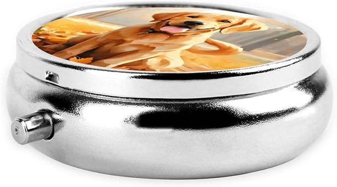 Autumn Forest Cute Dog Labrador Pill Box 3 Compartment Pill Case, Portable Medicine Pill Organizer for Pocket Purse Pill Box Decorative Metal Medicine Vitamin Organizer