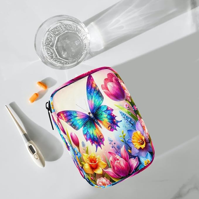 Butterfly Color Flower Pill Case Travel Pill Organizer Weekly 7 Day Portable with Zipper Medicine Box Pill Case for Vitamins, Birth Control,Fish Oils,Medication, Supplements