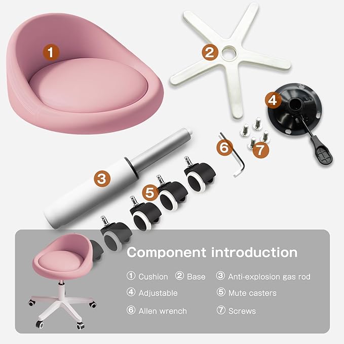 Rolling Stool Chair with Backrest, Round PU Leather Adjustable Height Hydraulic Swivel Rolling Stool for Spa Salon Tattoo Massage Doctor Dental Medical Office Pink