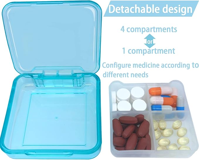 Pill Case for Pocket Travel Pill Organizer Small Pill Box Portable 4 Compartments Removable Medicine Organizer for Vitamin Fish Oil (Sky Blue)
