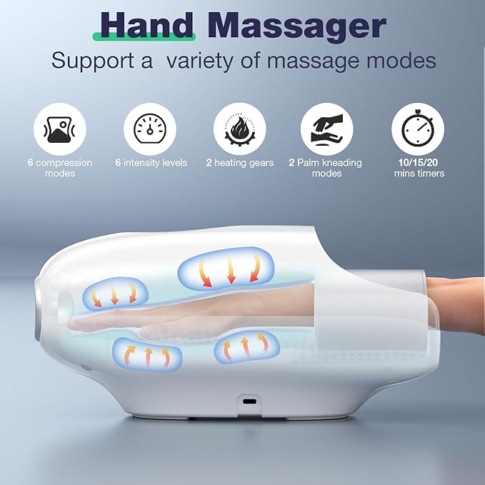 Hand Massager with Heat and Compression, Hand Massage for Arthritis and Carpal Tunnel Relief, 6 Modes Pressure Point Therapy, Blowing Wrist Massager, Finger & Palm Kneading, Gifts for Mom Dad