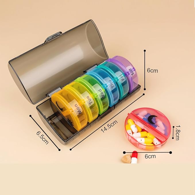 Weekly Pill Case Organizer, Twice a Day, Travel AM PM Vitamin Reminder, Colorful 14 Compartments with Box, Portable Daily Medicine Dispenser Planner for Supplement, Fish Oil, Capsule