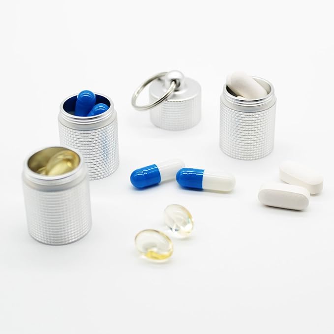 PPFISH Portable Daily Pill Case, 3 Compartments Anti-Skid Aluminum Alloy Waterproof Pill Box Dispenser, Small Pocket Pill Container, Keychain Pill Fob, Travel Pill Holder for Men Women