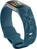 Flower Engraved Bands Compatible with Fitbit Charge 5 Band/Charge 6 Bands Women Cute Floral Engraving Soft Silicone Sport Strap Replacement Wristband for Fitbit Charge 5/6 Tracker Accessories
