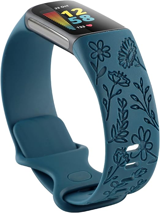 Flower Engraved Bands Compatible with Fitbit Charge 5 Band/Charge 6 Bands Women Cute Floral Engraving Soft Silicone Sport Strap Replacement Wristband for Fitbit Charge 5/6 Tracker Accessories