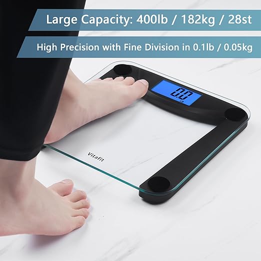 Vitafit Digital Bathroom Weight Scale for Body Weight, High Accuracy Assured by Weighing Professional Since 2001,Extra Large Blue Backlit LCD and Step-On, 400lb/182kg, Superb Black