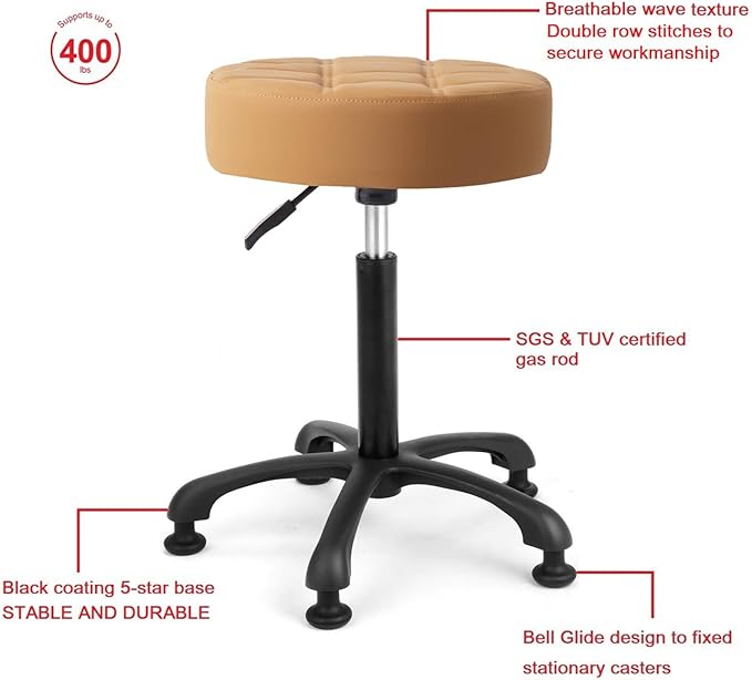Height Adjustable Heavy Duty Stools Salon Stool Chair with Bell Glides for Home Bar Kitchen Office Shop Tattoo Lash Tech Pedicure (Camel with Bell Glides, Height 22 to 30 in)