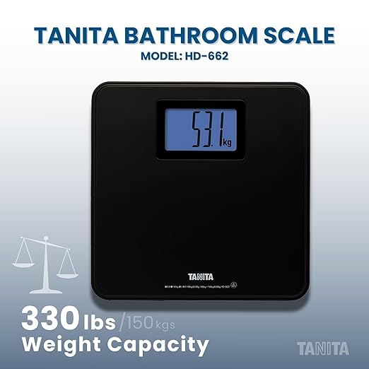 Tanita HD-662 Digital Weight Scale (Black) - Japan Technology Bathroom Scale with 330 lb Weight Capacity - 2" Blue Backlit Large LCD Display - Accurate, Durable, Step-On Operation