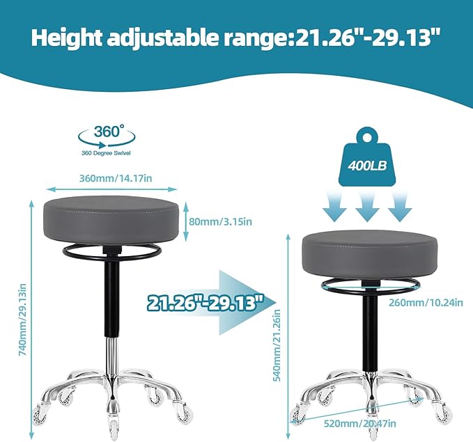 Swivel Rolling Stool Round Chair,Thick Sturdy Padding,Adjustable Stool with Wheels for Doctor,Medical,Massage Salon,Office,Shop(Gray)