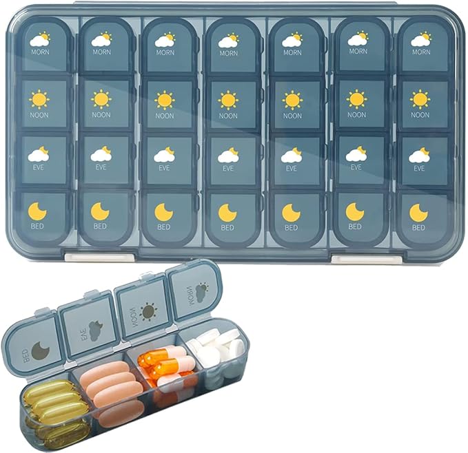 Large Pill Box Organizer 7 Day 4 Times A Day, Weekly Pill Container Easy Open, Daily Airtight Medicine Pill Case Waterproof Moisture Proof for Travel Pocket, BPA Free