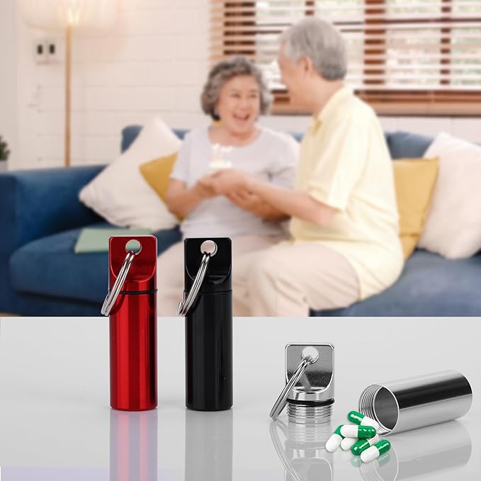 3-in-1 Aluminium Mini Pill Box Travel Case - 3 Compartments Waterproof Pill Organizer Keychain for Emergency Medication