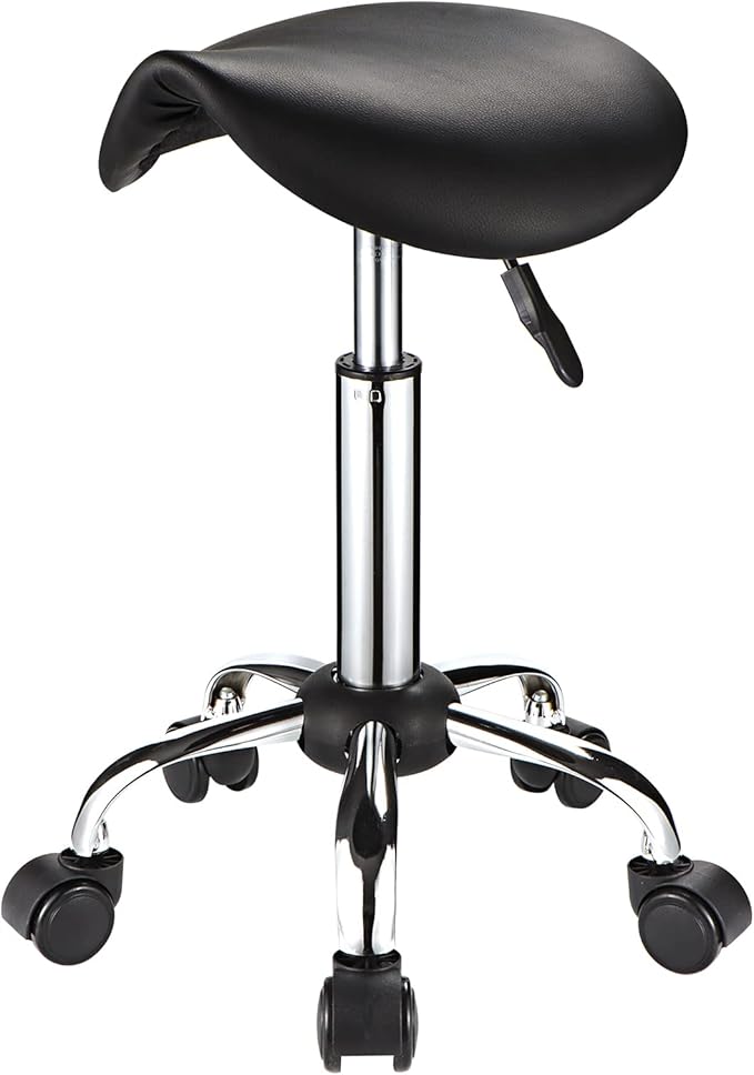 Saddle Rolling Stool with Wheels PU Leather Height Adjustable Swivel Stool Chair Black