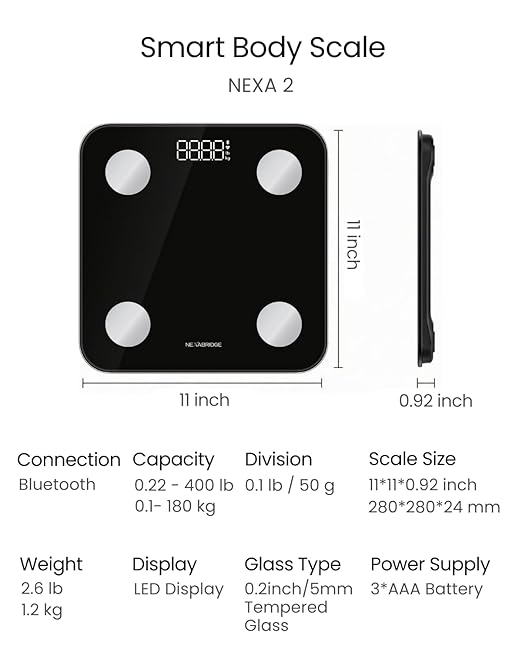 Smart Scale for Body Weight, BMI, Body Fat, Muscle Mass, 11" Large Digital Bathroom Scale, 25 Body Composition Analysis, Sync App, Bluetooth, LED HD Display, 400 lbs - Nexa 2