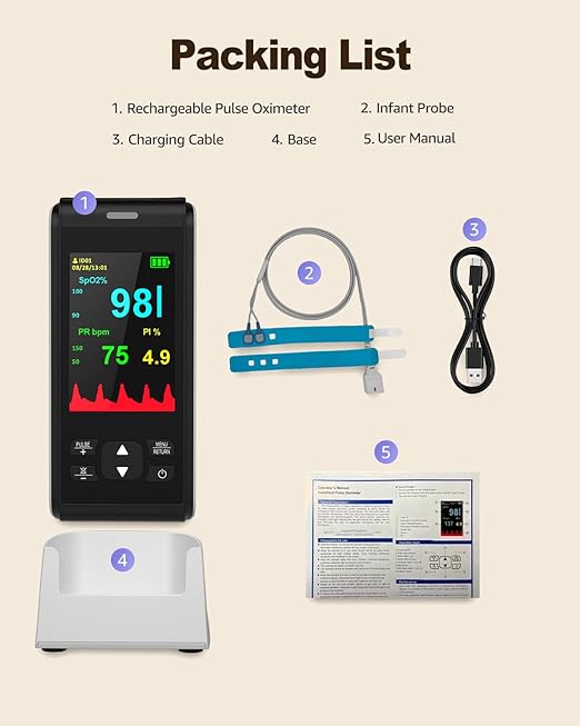 Pulse Oximeter Fingertip Infant Pulse Oximeter for Kids Overnight Continuous Pulse Oximeter Rechargeable Baby Oxygen Monitor Handheld Pulse Ox for SpO2 and Pulse Rate Continuous Baby Monitoring