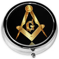 Travel Pill Organizer Large Portable Gold Freemason Freemasonry Masonic, 3 Compartment Round Pill Box with Mirror, Travel Case Pill Holder for Vitamin Medicine