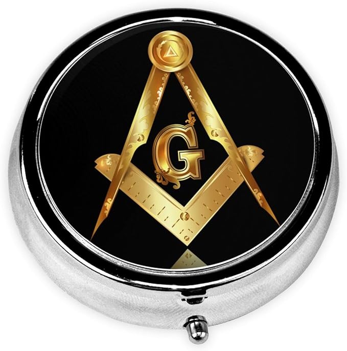 Travel Pill Organizer Large Portable Gold Freemason Freemasonry Masonic, 3 Compartment Round Pill Box with Mirror, Travel Case Pill Holder for Vitamin Medicine