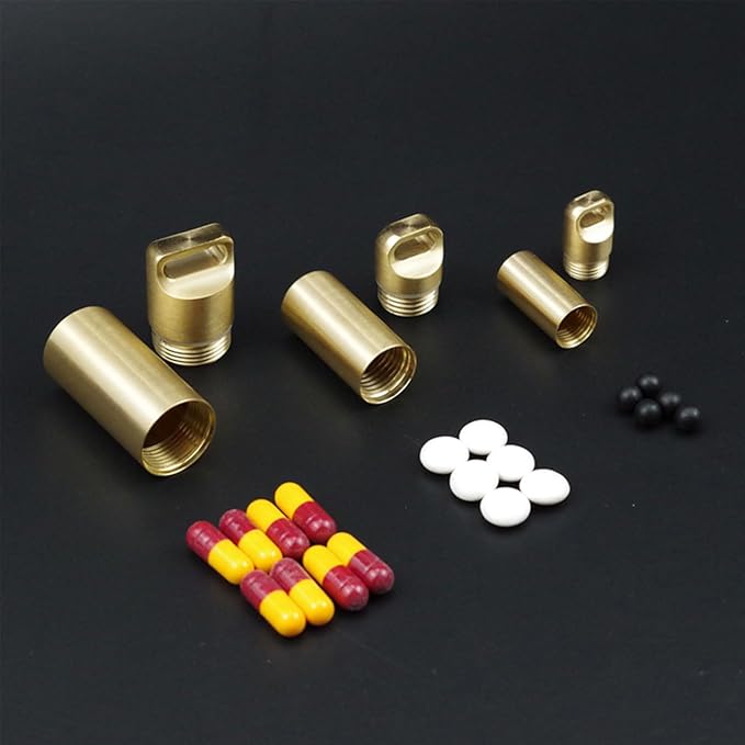 Brass Seals Bottles Keychain,Portable Waterproof Pill Case Key Chain, Mini Canister Medicine Capsule Bottle Pill Container for Outdoo Camping & Travelling EDC Tool, Large