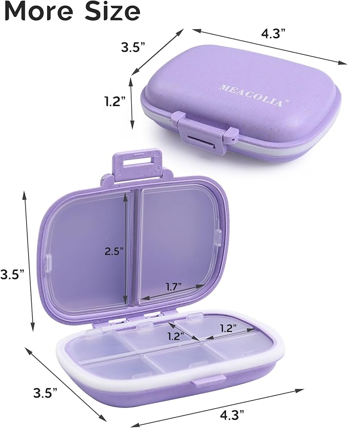 8 Compartments Travel Pill Organizer, Daily Pill Case Small Pill Box for Pocket Purse, Portable Pill Container Medicine Vitamin Organizer (Purple)