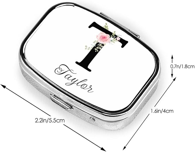 Custom Pill Box Personalized Square Small Pill Case with Mirror Add Your Photo Text Logo Name Decorative 2 Compartment Portable Metal Medicine Container Vitamin Organizer for Pocket Purse Travel (T)
