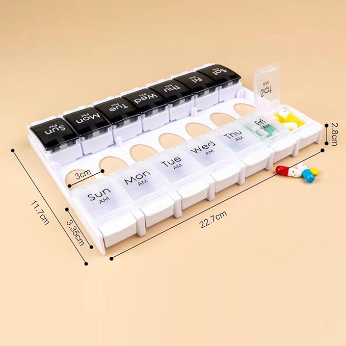 7-Day Weekly Pill Case, Daily Medicine Box Planner, Portable Vitamin Organizer Dispenser, AM/PM, Large 14 Compartments Capsule Fish Oil Tablet Container, Black and Transparent Lids, BPA Free