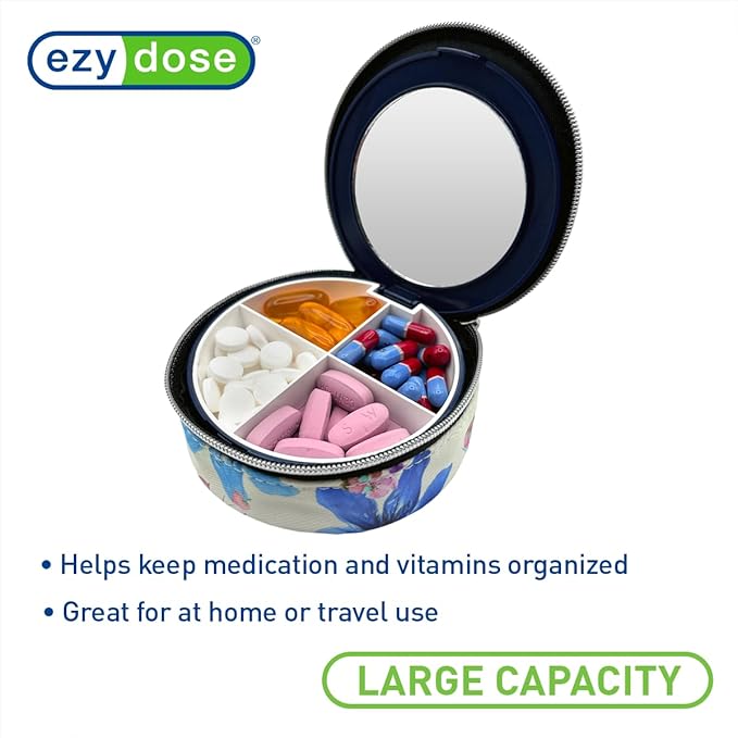 EZY DOSE Travel Pill Organizer with Built-in Mirror, Features Zippered Flower Case, Compact and Portable Medication Case for Daily Vitamins, Pills, and Medicine, Ideal for Travel and On-The-Go Use