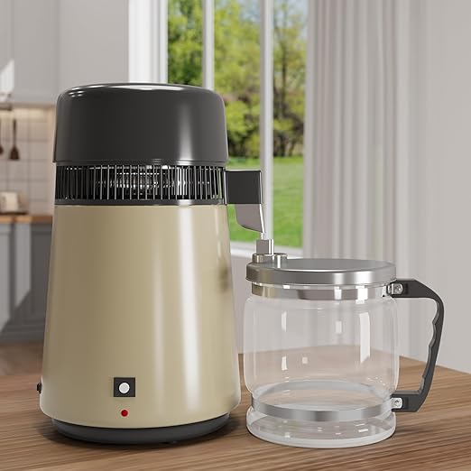 4L Water Distiller for Home Countertop, Stainless Steel Distilled Water Purifier Machine, 1 Gallon Per Cycle, 110V 750W with Auto Shut-Off, BPA-Free Glass Collection Pitcher, Gold Finish