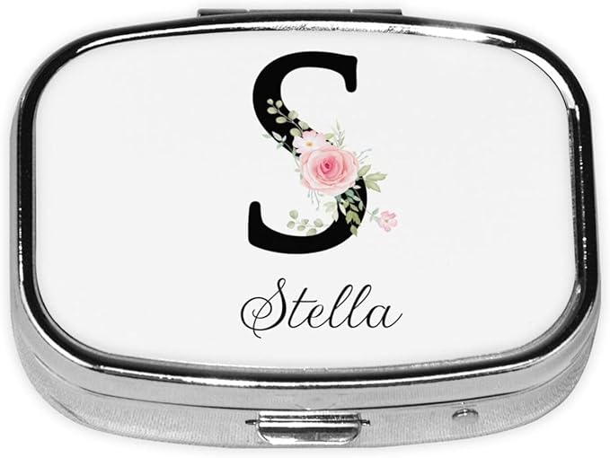 Custom Pill Box Personalized Square Small Pill Case with Mirror Add Your Photo Text Logo Name Decorative 2 Compartment Portable Metal Medicine Container Vitamin Organizer for Pocket Purse Travel (S)