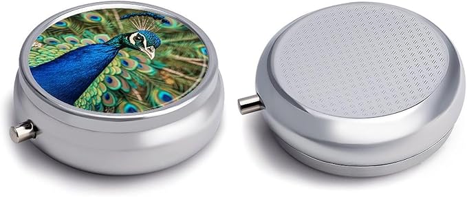 Beautiful Peacock Pill Organizer Cute Pill Box Decorative Metal Pill Case Portable Vitamin Organizer Travel Medicine Holder Mini Pill Storage Container for Purse
