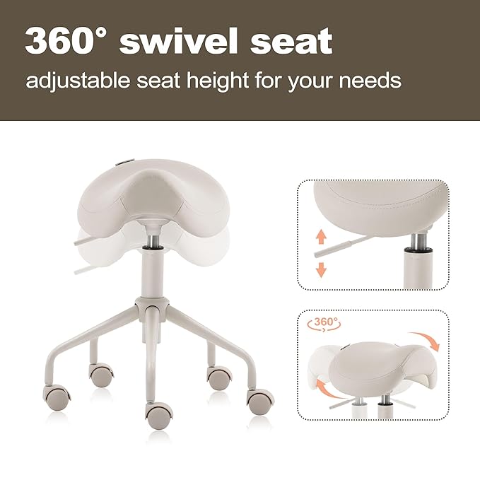 Adjustable Height Hydraulic Rolling Swivel Stool Chair with Metal Base and Faux Leather Cushion for Salon, Medical, Office and Home, 503 Kai Series, Saddle Seat, Vanilla