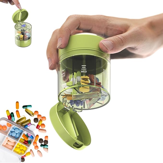 3-in-1 Travel Pill Organizer, Clutter Box Pill Organizer,Cute Pill Dispenser with 7 Large Compartments, Portable Pill Bottle Organizer with Wide Opening with Cutter (Green)