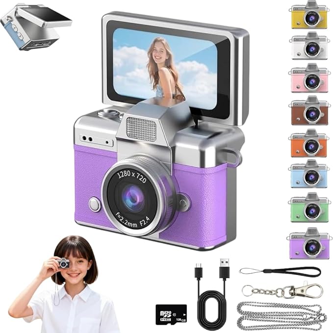 Mini Keychain Digital Camera Retro Mini Digital Video Camera Small bodycam 1080P FHD Recording with 0.96" IPS Screen with 6 Retro Filters AVI Format-Ideal for Phone Transfer (Purple, 128G)